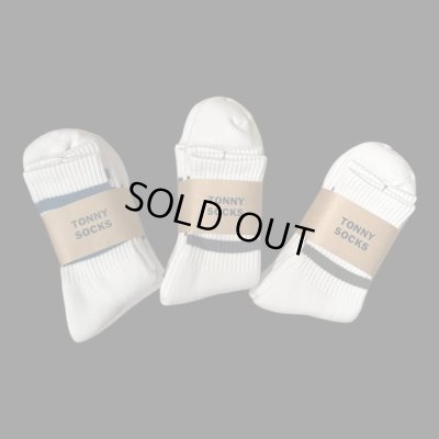 画像1:  TONNY Socks刺繍  靴下　ホワイト　　　グリーンライン　ブルーライン　チャコールグレーライン