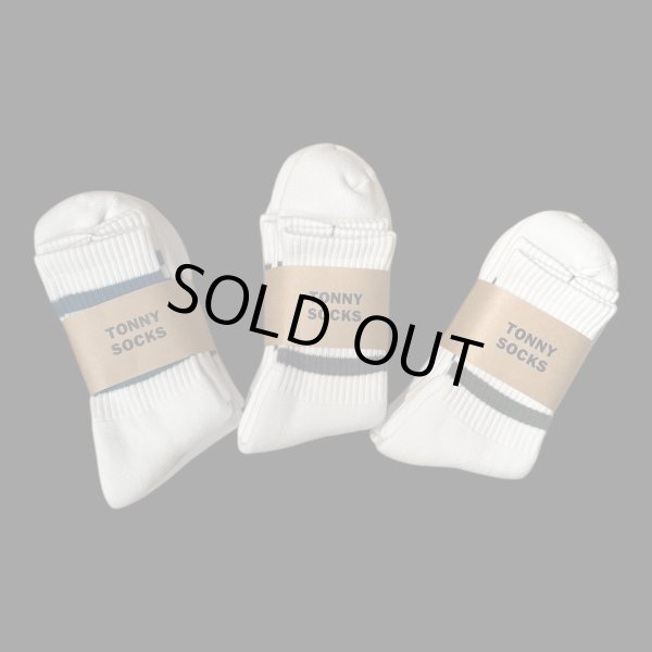 画像1:  TONNY Socks刺繍  靴下　ホワイト　　　グリーンライン　ブルーライン　チャコールグレーライン (1)