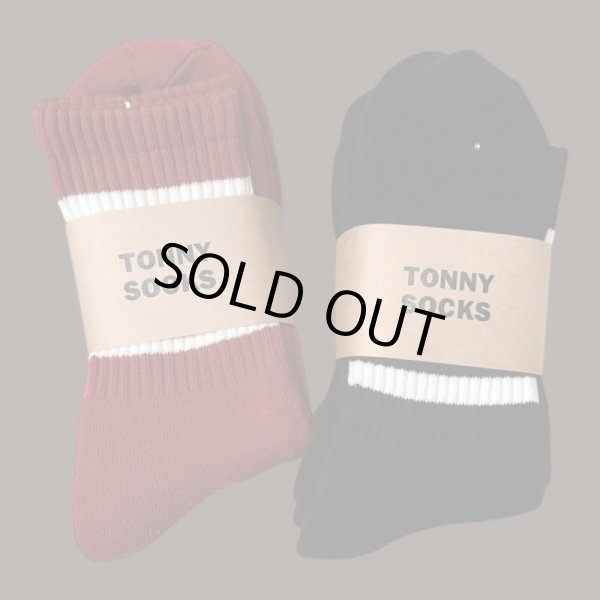 画像1:  TONNY Socks刺繍  靴下　ブラック　マルーン (1)