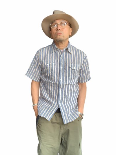 画像1: ＣＵＳＨＭＡＮ　クッシュマン　ＳＴＲＩＰＥ　ＷＯＲＫ　ＳＨＩＲＴＳ　ストライプワークシャツ　ＢＬＵＥ