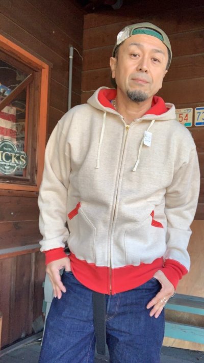 画像1: CUSHMAN(クッシュマン）TWO TONE ZIP SWEAT PARKA  ミックスグレー／レッド