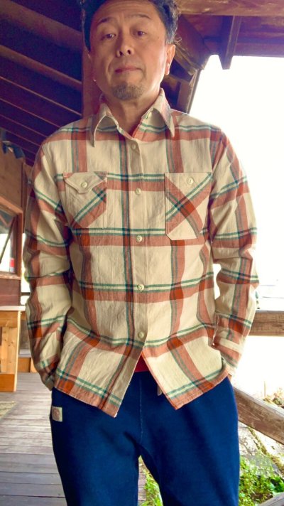 画像1: ＣＵＳＨＭＡＮ　クッシュマン　NEL CHECK WORK SHIRT　ネルワークシャツ　VANNILA/ORANGE