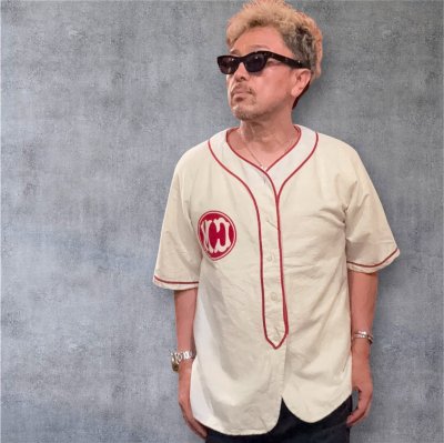 画像1: CUSHMANクッシュマン COTTON FLANNEL BASEBALL SHIRT OFF WHITE/RED